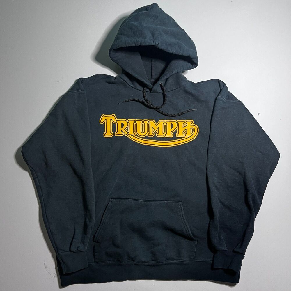 Triumph Motorcycle Hoodie Mens L Black Yellow Logo Pullover Vintage Biker Faded
